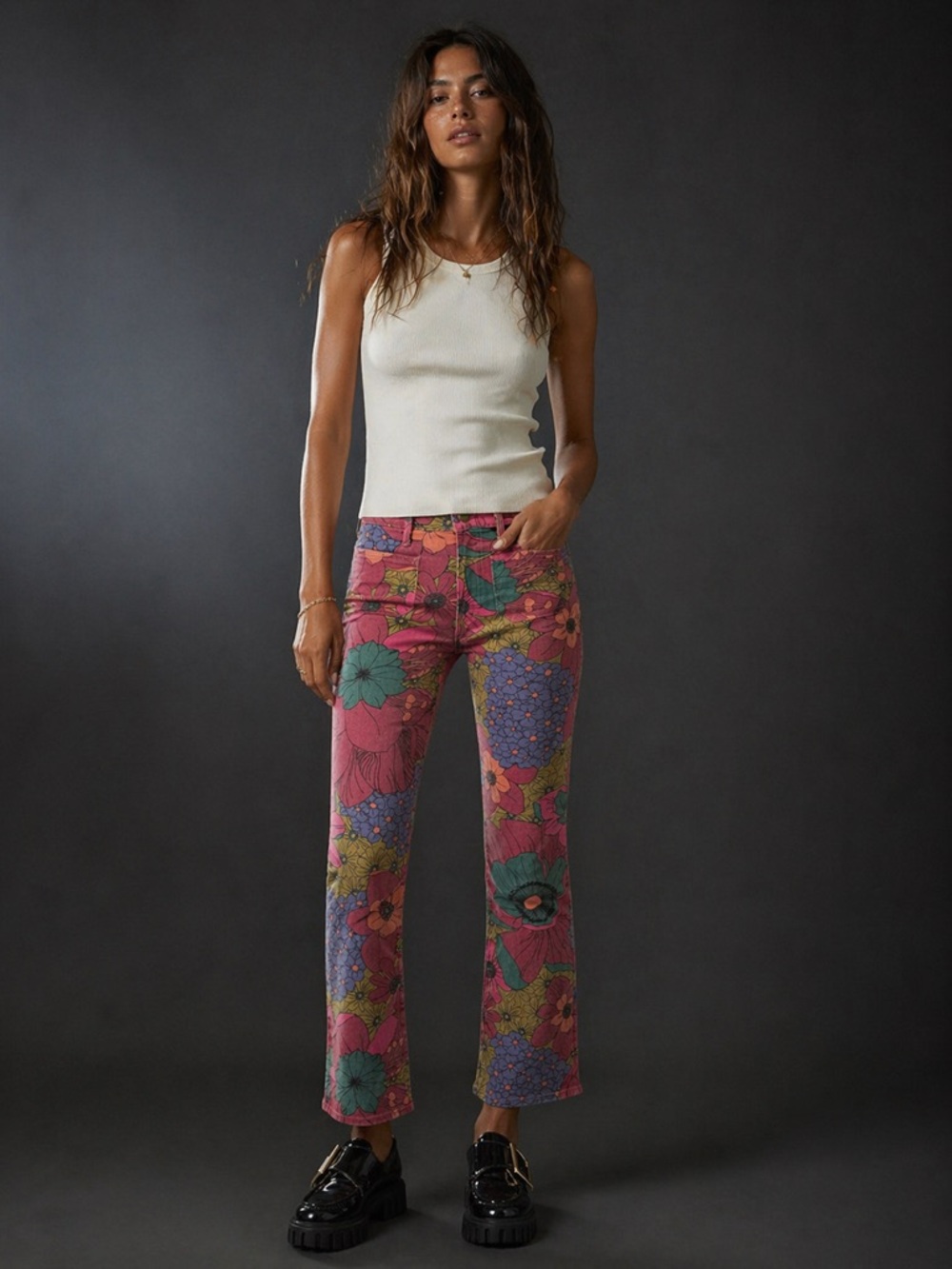 MOTHER Multicolor Floral Straight Leg Jeans in Pink, Green, Blue